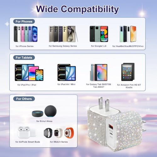 Image of Aolcev for iPhone Charger Fast Charging Bling USBA USB C Charging Block 30W | Rhinestones Type C Charger Blocks for iPhone 17 16 15 14 13 12 iPad Bling Fast USB C Adapter for Samsung S26 S25 S24 Colorful