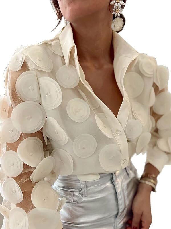UOOZEE Women's Long Sleeve Dressy Casual Blouse Button Down Sheer Polka Dot Cocktail Party Tops Shirts