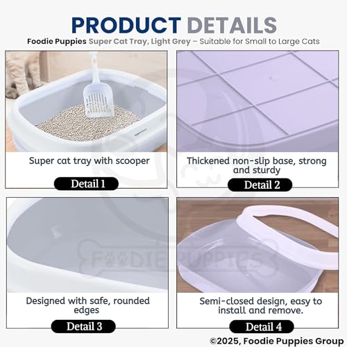 Image of Foodie Puppies Cat Litter Box Tray with Rim and Scooper (Large, 46 x 38 x 13 cm) | Semi-Closed Design and Durable Quality | Pet Litter Sand Tray Suitable for All Adult Cats & Kittens (Light Grey)