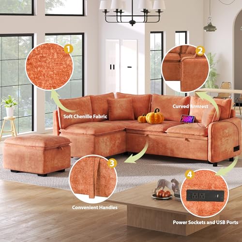Image of ERYE 82.5 inch L-Shaped Left Facing Corner Sleeper Sectional Sofa with Pull Out Sleeper Couch Bed for Living Room,L-Shaped Boucle Upholstered Convertible Sofabed W /Storage Ottoman