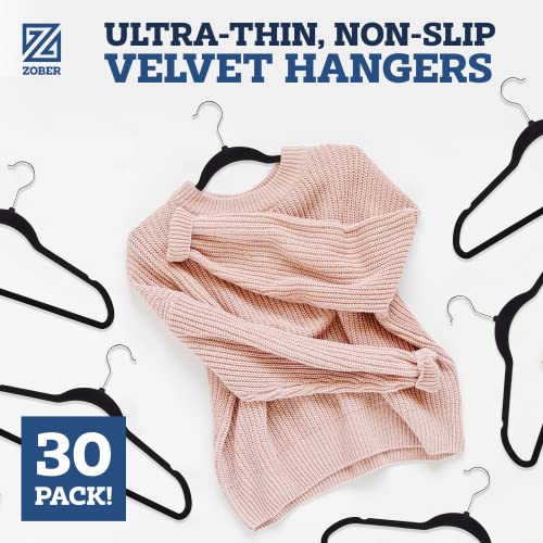Image of Zober Black Velvet Hangers 30 Pack for Coats, Pants & Dress Clothes - Non Slip Clothes Hanger Set w / 360 Degree Swivel, Holds up to 10 lbs - Strong Felt Hangers for Clothing
