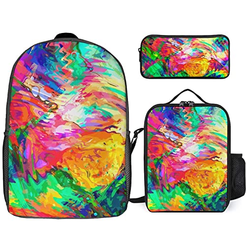 FJAUOQ Juego de mochila de pintura colorida, 3 piezas, kit de mochila de bolsa de almuerzo, estuche para lápices, gran capacidad, Pintura colorida-3, Talla única