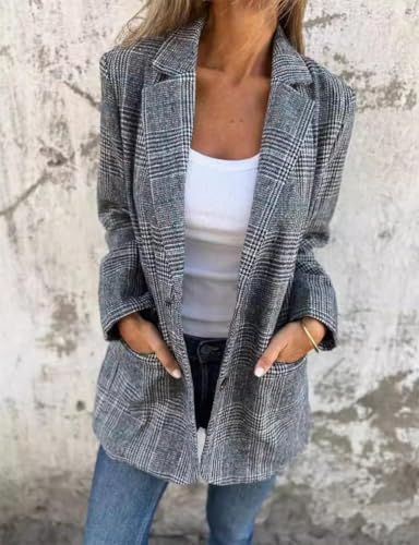 IDEALSANXUN Womens Tweed Blazer Casual Plaid Houndstooth Blazer Work Suit Jackets2