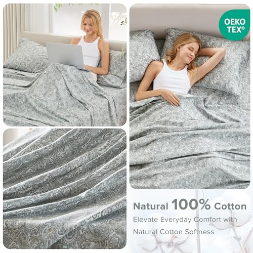 Comfort Spaces Extra Deep Pocket, 100% Cotton King Fits up to 24" Mattress, Breathable, Naturally Cool Cotton, Soft Cotton Sheets, All Seasons Sheet Set, Paisley 4 Piece