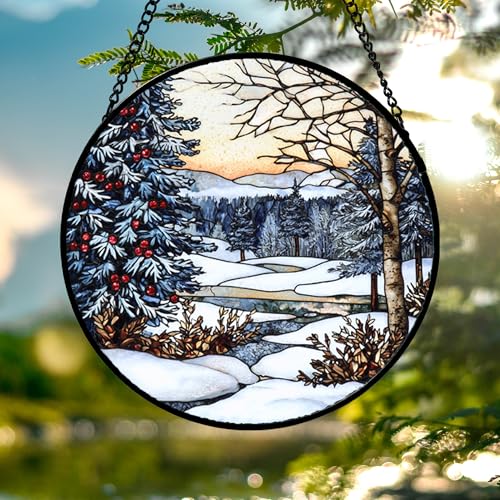 Image of DASTOLL Stained Glass Window Hanging, Winter Snow Landscape Suncatcher Diamond Glass Panel Sun Catchers Decor for Birthday for Women, Men, Wife, Aunt, and Mom 6.3x6.3 in