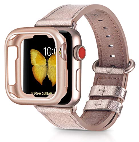 PEAK ZHANG Compatible with Apple Watch Band, 38mm 40mm Women Top Grain Leather Strap for iWatch Series 5,4,3,2,1 (Champagne Gold+Series 5/4/3 Rose Gold Clasp, 38mm 40mm S/M)