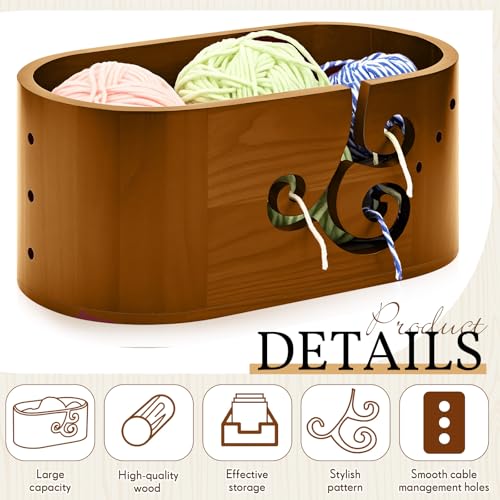 Image of Marsui Oval Wooden Yarn Bowls with 3 Holes Curly Design Yarn Holder for Crocheting, Crochet Bowl for Knitting Storage Crocheters Gift Knitting Supplies, 5.47 x 10.79 x 4.72 Inch