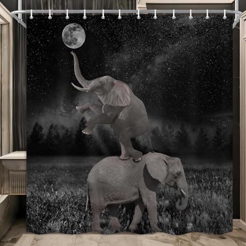 Image of Boziqr Funny Shower Curtains for Bathroom, Cute Elephant Moon Forest Bath Curtain, Rustic Farmhouse Decor Polyester Fabric Fun Cool Animals Black 70 x 84 Inches