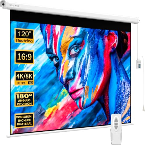 Pantalla de proyeccion motorizada para proyector, cajetin de Acero Lacado en Blanco, Pantalla para proyector electrica con Mando inalambrico, Auto Enrollable, Compatible con 4K (264 x 150 cm Pro)