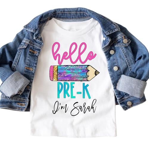 POSH SOIREE - Hello Pre-K Personalized T Shirts for Kids - Custom Cotton T Shirt for Pre School Announcement - Back to School Outfit Gifts for Pre-K Girls (5T)