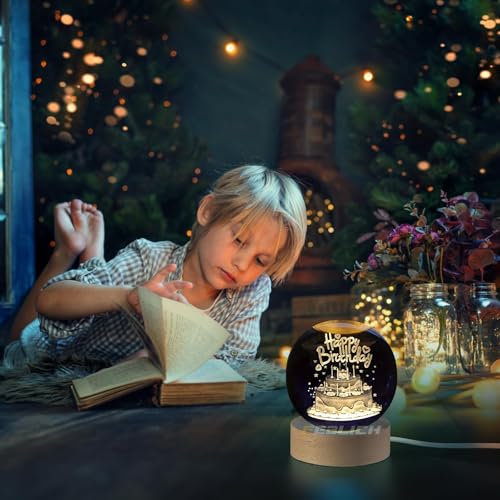 Image of 3D Happy Birthday Crystal Ball Night Lamp, Solar System Happy Birthday Crystal Ball Night Light, USB Table Colorful Led Wooden Crystel Ball for Home, Office, Birthday Gift (Happy Birthday)