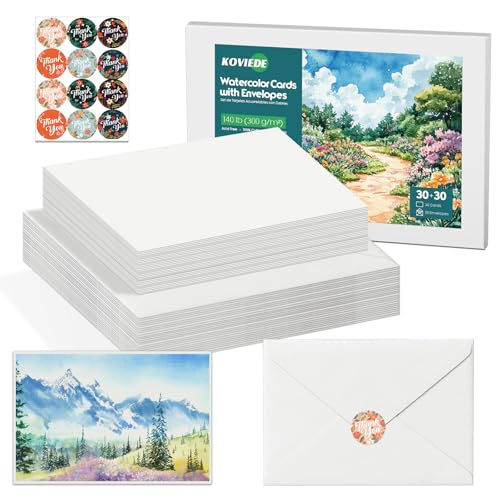 KOVIEDE 30 Pack Blank Watercolor Cards 5”x7”, 140lb/300gsm 100% Cotton Acid-Free Heavyweight Watercolor Postpaper for Painting, Greeting Cards, DIY Art Projects