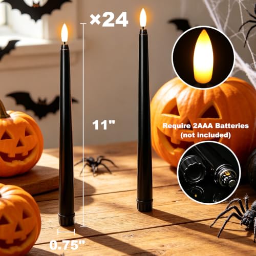 Image of Wondise 24pcs Halloween Flameless Taper Candles, Black Candles Battery Opearated Plastic LED 3D Wick Flickering for Halloween Table Decorations