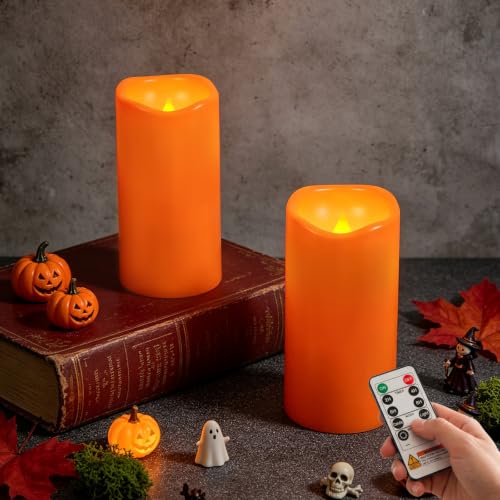 Image of Amagic 3 inchx6 inch Flameless Candles, Waterproof LED Pillar Candles, Set of 2 | Battery Operated Halloween Candles with Remote & Timer, Orange LED Pillar Lights for Outdoor, Patio, Home and Halloween Decor