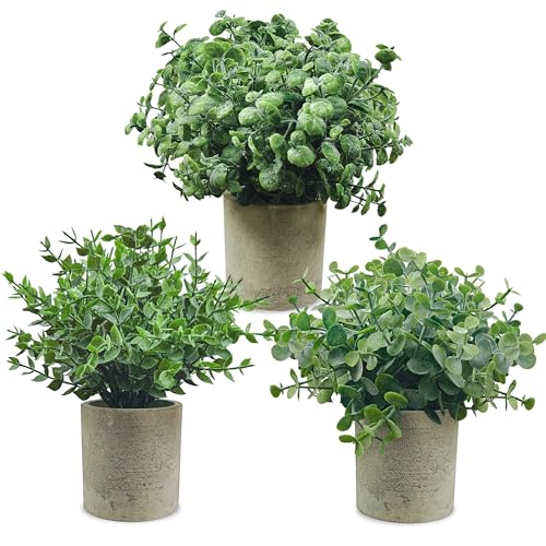 USLAI Small Potted Fake Plants(3-Pack), Mini Artificial Plastic Eucalyptus Plants Topiaries for Home Office Shelf Desk Farmhouse Room Coffee Table Decor