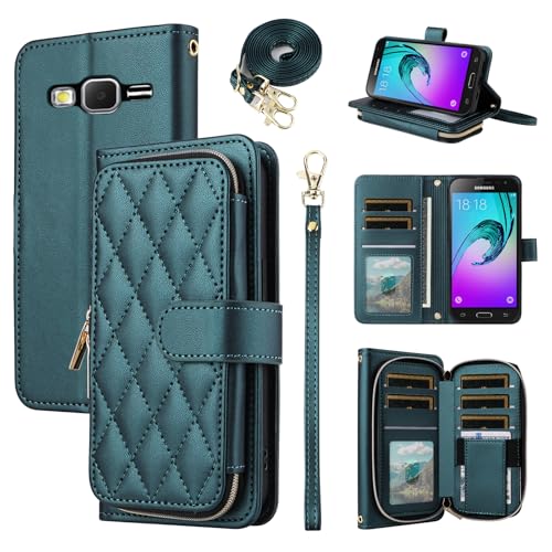 Furiet Argyle Wallet Case for Samsung Galaxy J3 2016/J 3 V/J36V/Sky/Amp Prime with Wrist Strap Shoulder Strap, 9+ Card Slot Zipper Purse Stand Phone Cover for Sol J3V JV3 J36 6 J320V J320A Green