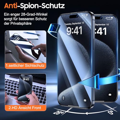 UniqueMe für iPhone 15 Pro für Panzerglas Sichtschutz - 2 Stück Schutzfolie – Ansicht 6