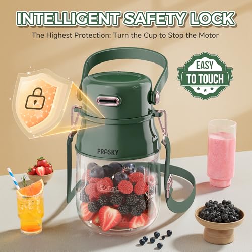 Image of Portable Blender, Prasky Personal Blenders for Shakes and Smoothies with 27oz Cup, Lid and Shoulder Strap, Type-C USB Rechargeable, Personal Size Blenders BPA-free for Travel /Kitchen(Green) | Mini Blender, Type-C USB Rechargeable, BPA-Free, for Gym /Travel /Kitchen, Shakes, Smoothies, Green