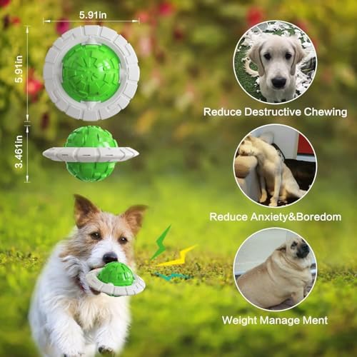 Image of DISSKNIC KIMEE Dog Ball for Aggressive Chewers, Natural Rubber Squeaky Chew Toy, Durable Interactive Fetch Ball, Puppy Teething & Dental Toy, Flying Disc UFO Dog Toy (Green, 1 Pack)