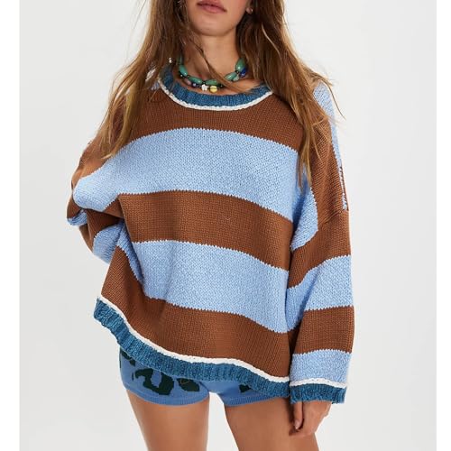 Women Y2k Knit Vintage Striped Oversized Sweaters Long Sleeve Drop Shoulder Knitted Chunky Baggy Pullover Tops2
