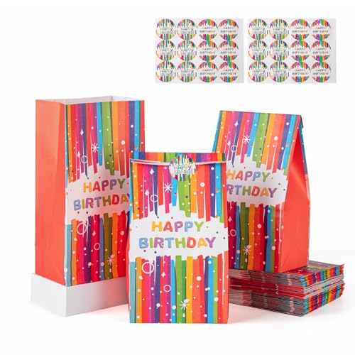 HURSROOR 48 Pack Happy Birthday Party Favor Bags, Kraft Paper Goodie Bags for birthday party Candy Bags Gift Bags Treat Bags Goody Bags, Birthday Decorations Party Supplies for Kids Girls Boys (A)