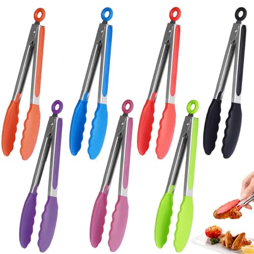 Fiyuer 7 Pcs Grillzange Silikon Hitzebeständig Zange Küche Set Küchenzange Edelstahl Hitzebeständige Lebensmittelzange Salat,Backen Servieren Buffet Ofen Brot Nudeln(7 Farben)