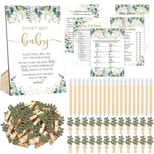 Patelai 321 Pcs Baby Shower Games Supplies, 5 Sets (50 Cards Each) Activities Cards with 20 Pencils 1 Don't Say Baby Sign 50 Clothespin(Greenery)