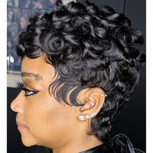 MOONSHOW Short Pixie Cut Wigs for Black Women Natural Black