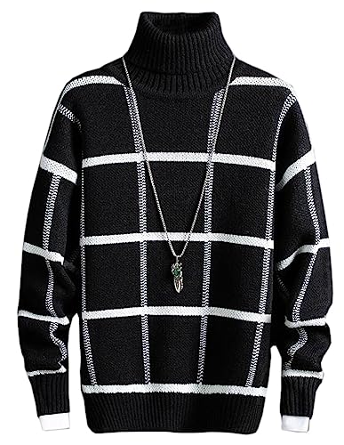 [アスペルシオ] タートルネック チェック柄 ニットセーター 長袖 トップス メンズ ハイネック ストリート お兄系 畦編みニット ライトニット タートル 防寒 プルオーバー ニット ケーブル ビッグシルエット ロングスリーブ ストリート系 ハイネックニット リブ編み オーバーサイズ ケーブルニット 長そで ケーブル編み 袖あり そであり アウトドア ながそで 格子 セーター (2XL) ブラック