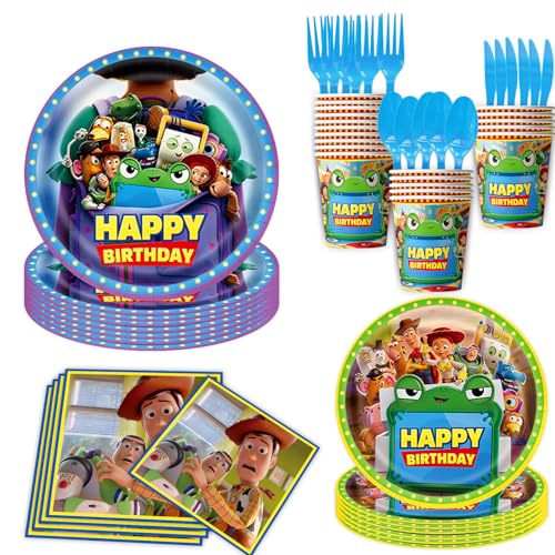 80 Pcs Toy Movie Story Birthday Decorations Cartoon Disposable Plates Set Includes 10 Dinner Plates 10 Dessert Plates 20 Napkins 10 Paper Cups and 10 Each of Knives Forks and Spoons