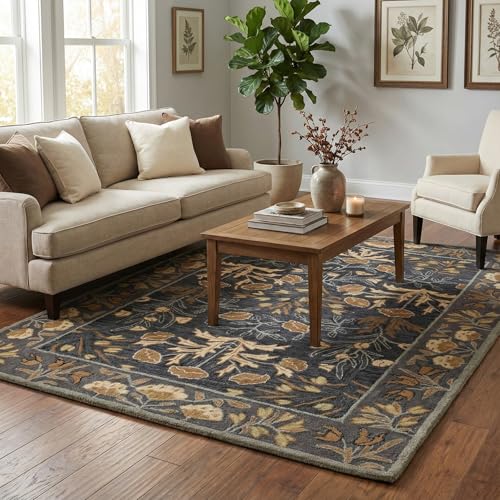 Tapete de lana floral hecho a mano beige/azul 3'x5' miniatura 2