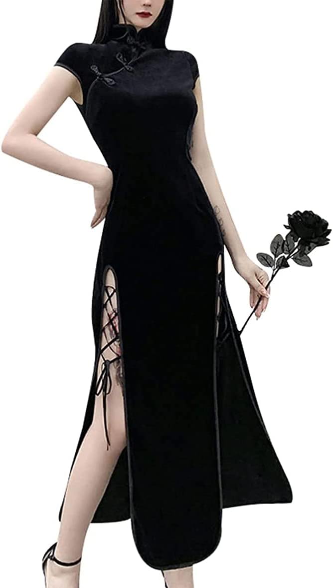FREEPPCCSexy Gothic Dark Chinese Style Traditional Velvet Vintage Buckle Side Slits with Cross Straps Cheongsam Qipao Long Dress for Women