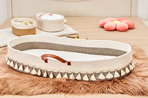 Image of Baby Diaper Changing Basket Moses Basket with Bamboo Waterproof Changing Pad Liners 2 Pcs,Thick Foam Pad,Removable Cotton Mattress Cover,100% Cotton Boho Nursery Decor Brown
