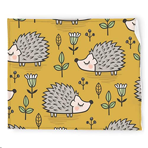 Hedgehog with Leaves and Flowers on Mustard Yellow Flannel Blanket Bedding Throw Blanket Soft Warm Cozy Colorful Decorative Blanket for Couch, Sofa 50