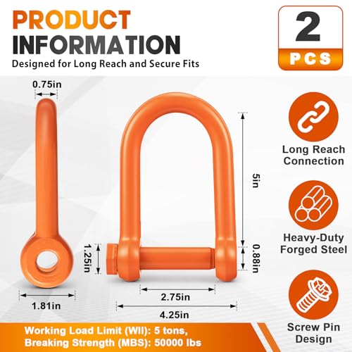 Image of 2 Pcs Screw Pin Long Reach Shackle, Long Reach Shackle with Painted Screw Pin, Clevis D-Ring Lifting Attachment, Professional Use, Industrial Alloy Steel (3 /4 Inch,Orange)