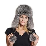 Women's Fur Trapper Hat with Sheepskin Earflap Bomber Hat Men's Winter Fur Hat(Silver Fox)