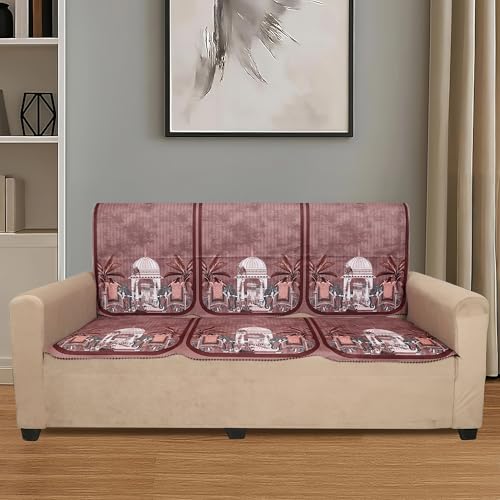 Image of Velvet Single Seater Sofa Cover with 2 Seat and Back Covers - Elephant Dome Design - Washable Fabric - Stylish Sofa Cover for Modern Living Room (Maroon, 1 Seater Without Arm Covers)