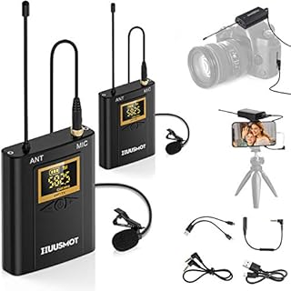 Wireless Lavalier Microphone System - HUUSMOT Wireless Mic System with Dual Lavalier Lapel Microphone and One Mini Rechargeable Receiver for DSLR Camera, iPhone, Video Recording, YouTube, Vlog