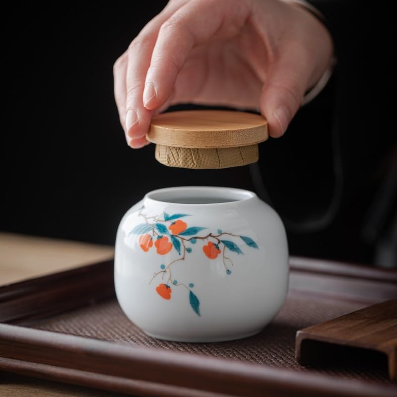 SONGCHAO Sugar Jar White Porcelain Hand-Painted Persimmon Four Gentlemen Small Jar Ceramic Tea Can Underglaze Color Storage Sealed Tea Canister(D)