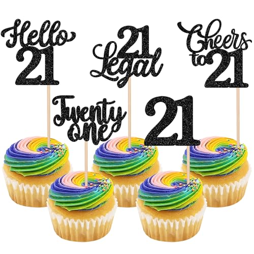 Xsstarmi Paquete de 30 adornos para cupcakes de feliz cumpleaños número 21 con purpurina negra Hello 21 Fabulous Twenty One Cupcake Picks Cheers to 21 Birthday Cake Decor for Happy 21th Birthday Party