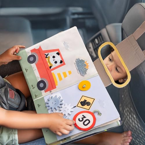 Taf Toys Livre d’Activités Bébé pour Voiture – Jouet d’Éveil Sensoriel avec Textures, Miroir, Pop-It – Fixation Appui-Tête – Dès 12 Mois - 13825