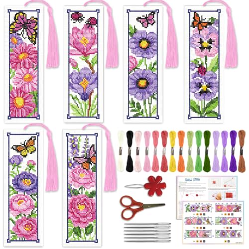 Image of ACRNIGHEET 6PCS Cross Stitch Bookmark Kit for Beginner Stamped Cross Stitch Kits for Adults Floral DIY Tassel Embroidery Bookmark Kits Needlepoint Kit with Instructions Craft Gift 8.5''x3'' 11CT