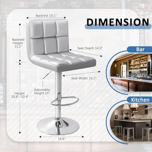 Image of Homall Bar Stools Modern PU Leather Adjustable Swivel Barstools, Armless Hydraulic Kitchen Counter Bar Stool Extra Height Square Island Barstool with Back Set of 2 (Leather, Silver)