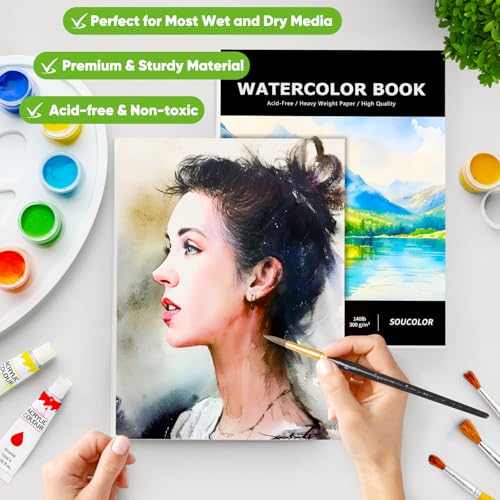 Image of Soucolor Watercolor Paper Pad 9x12 140lb Cold Press 40 Sheets Art Supplies | Professional Wet Techniques Water Color Paper,140lb /300gsm Artist Painting Book texture,Acid-free archival quality