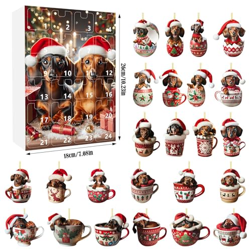 Dackel Adventskalender 2025, 24 Tage Acryl Hunde Anhänger Weihnachtskalender 2025 Kinder, Niedlicher Hund Adventskalender, Cartoon Dackel Deko Weihnachten Countdown Kalender Für Hundeliebhaber