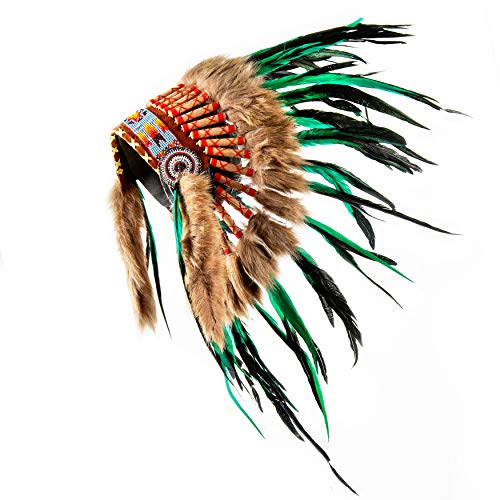 Pink Pineapple Tocado Hecho a Mano Inspirado en los Nativos Americanos: Equipo de Plumas Genuino de Niños y Adultos para Festivales - Pequeña - Verde y Negro