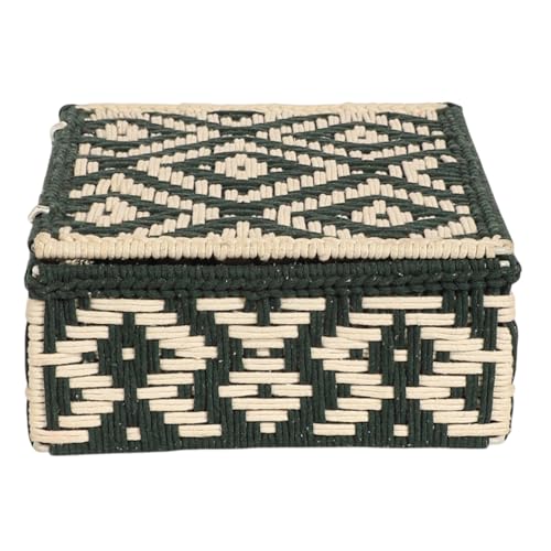 Image of Kaahira Handmade Decorative Storage Box and Organiser | Macrame Gift Hamper Box for Cosmetics, Toiletries & Return Gifts | Aesthetic Rope Woven Organizer (Green and White, Medium - 10x8x4 inches)