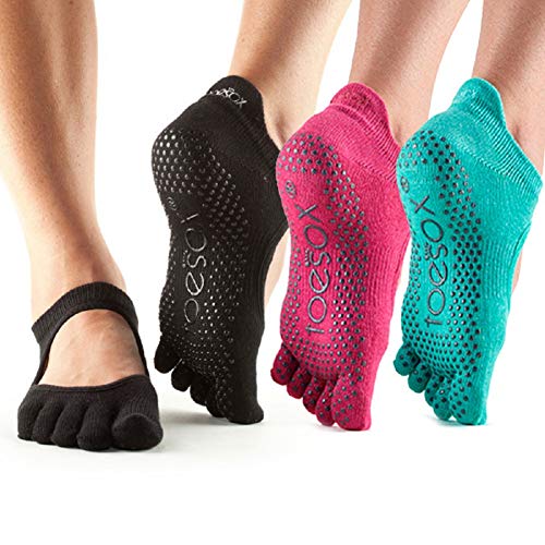 toesox Grip socks – Bellarina Full Toe 3 Pack, Black, Rasberry & Aqua