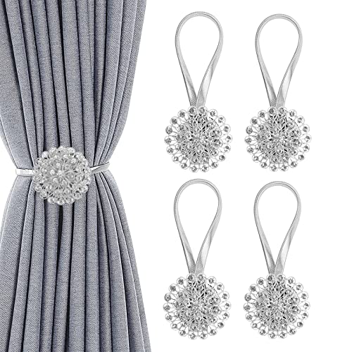 GDWD Magnetische Kristall Blume Vorhang Raffhalter,Dehnbare Vorhang Raffhalter Schnalle mit Federseil Dekorative Vorhanghalter Gardinenhalter Fensterdeko für Home Büro (4 Stück,Silber) Cover