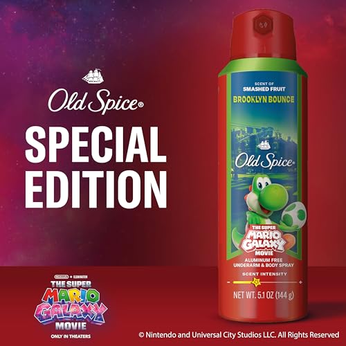 Image of Old Spice Aluminum Free Body Spray for Men, Old Spice x The Super Mario Galaxy Movie, 24 /7 Lasting Freshness, Lasting Odor Protection, Smell Super with Brooklyn Bounce, Smashed Fruit Scent, 5.1 oz